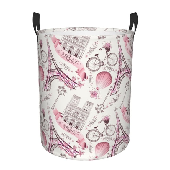 Gukieu Romantic Travel In Paris Print Round Dirty Clothes Bag, Waterproof Standing Home Bathroom Storage Basket Car Trunk Storage Bag-Medium