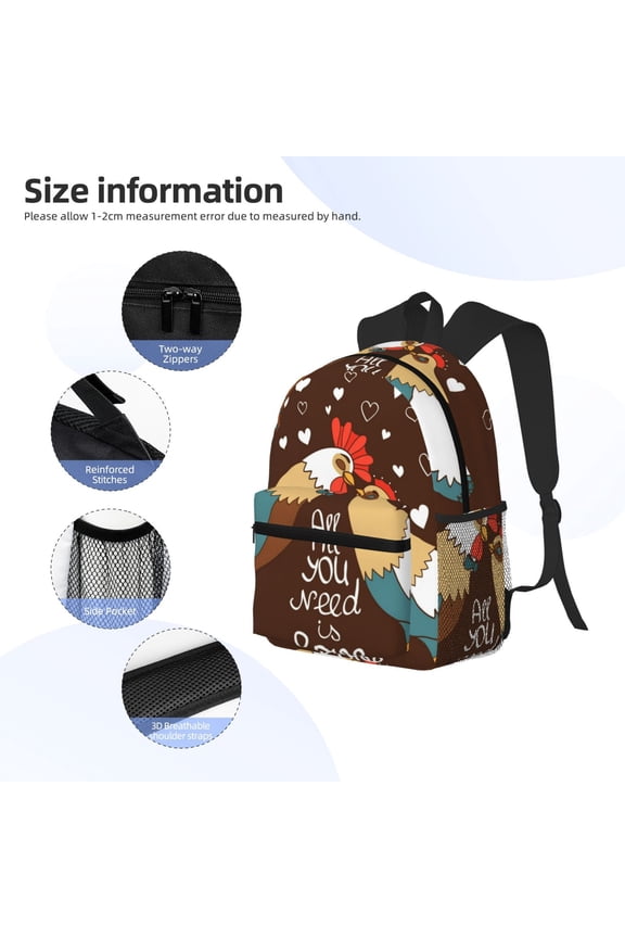 Rooster And Chicken Print Backpack, Waterproof Backpack with Adjustable Shoulder Straps, Suitable for Campus, Business, Travel, Unisex