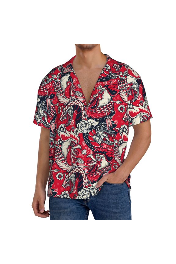 Rooster Head Print Men's Short-sleeved Shirts, Button-down Pocket Shirts, T-shirts, Beach Vacation Travel Summer Clothing-X-Large