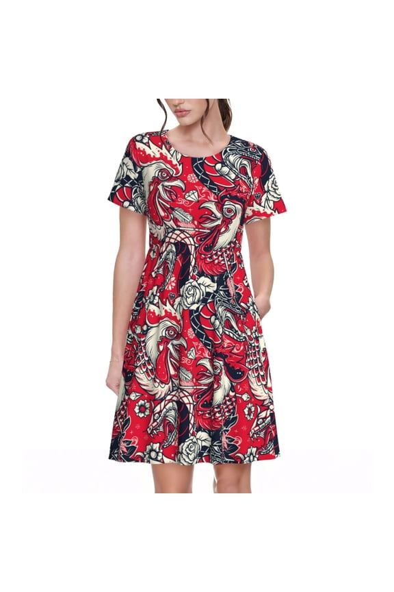 Rooster Head Print Women's Short Sleeve Dress, Elastic Waistband A-line with Pockets Summer Dress, Suitable for Daily Leisure, Work, Vacation