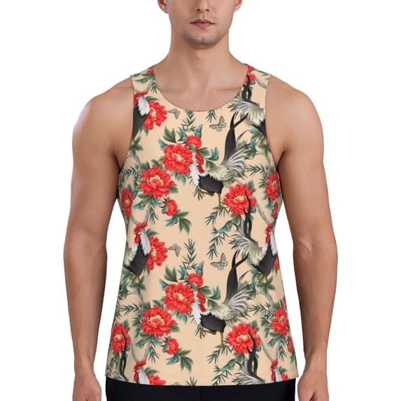Gukieu Roosters And Peonies Flowers Print Men's Quick Dry Fitness Vest, Round Neck Sleeveless Fitness Bodybuilding Top-Small