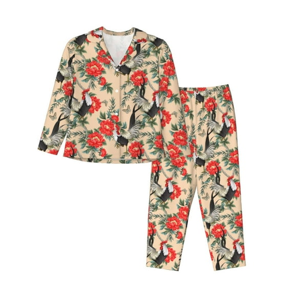 Gukieu Roosters And Peonies Flowers Print Women's Long Sleeve Pajama Set, Button Top Elastic Pocket Pajama Pants Two Piece Set Home Wear-XX-Large