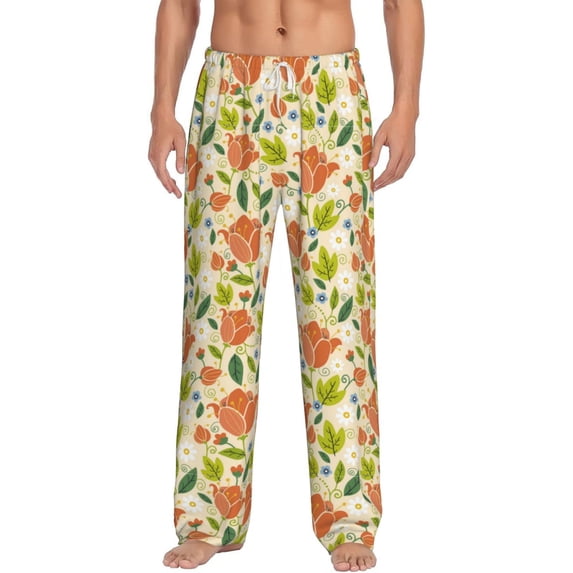 Gukieu Rose Daisy Print Men's Home Trousers, Elastic Drawstring Home Pajamas Clothing Suitable for Adult Men-Medium