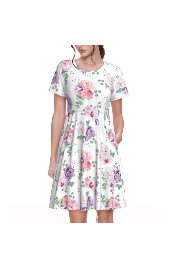Rose Flower B Print Women's Short Sleeve Dress, Elastic Waistband A-line with Pockets Summer Dress, Suitable for Daily Leisure, Work, Vacation
