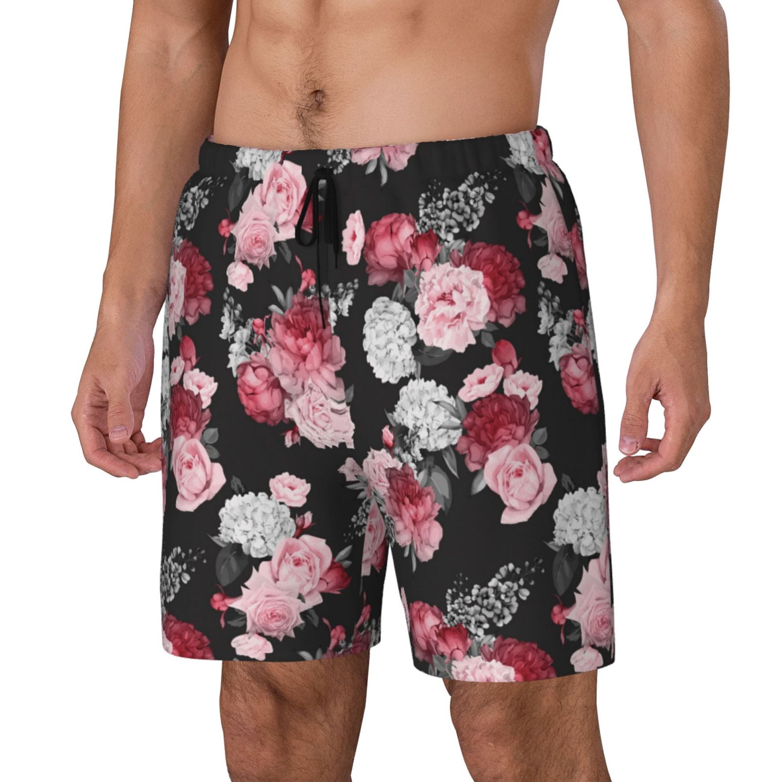 Gukieu Rose Flowers Print Men's Double Layer Sports Swim Trunks, Quick Dry Adjustable Waist Swim Shorts Swimwear-Medium
