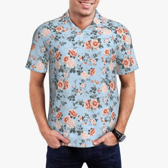 Gukieu Rose Flowers Print Men's Quick-drying POLO Shirt, Button-down Summer T-shirt, Suitable for Work and Outdoor Activities-Large