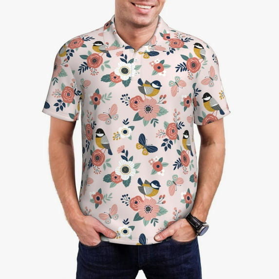 Gukieu Rose Flowers Print Men's Quick-drying POLO Shirt, Button-down Summer T-shirt, Suitable for Work and Outdoor Activities-XX-Large