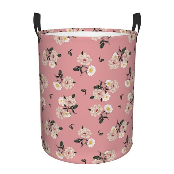 Gukieu Rose Flowers Print Round Dirty Clothes Bag, Waterproof Standing Home Bathroom Storage Basket Car Trunk Storage Bag-Small