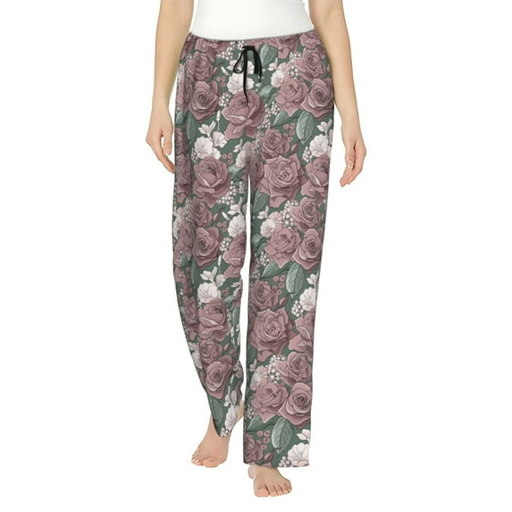 Gukieu Rose Flowers Print Women's Home Trousers, with Pockets and Drawstring Pajamas, Home Pajamas, Sleepwear-Medium