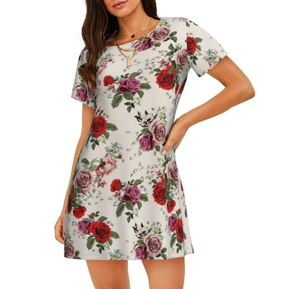 Gukieu Rose Flowers Print Women's Nightgown, A-line Round Neck Short-sleeved Nightgown Pajamas Home Wear Suitable for Home and Outing