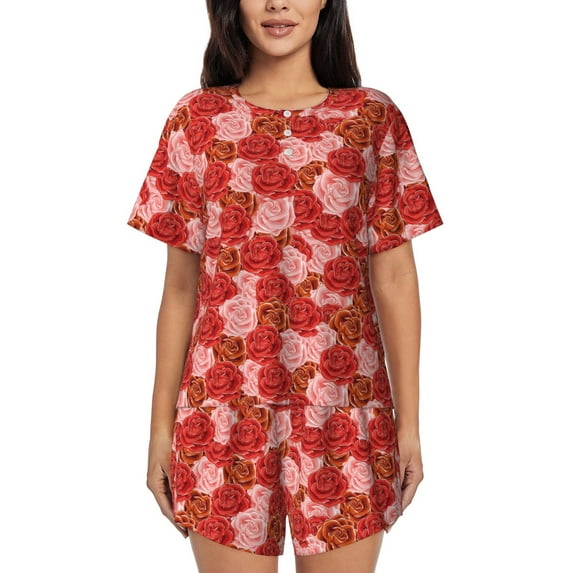 Gukieu Rose Flowers Print Women's Short-sleeved Pajama Set, Round Neck Button Top Elastic Shorts 2-piece Set, Summer Home Leisure Clothing-X-Large