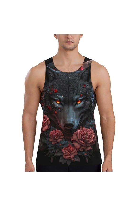 Rose Full Moon Black Wolf Print Men's Quick Dry Fitness Vest, Round Neck Sleeveless Fitness Bodybuilding Top-XX-Large