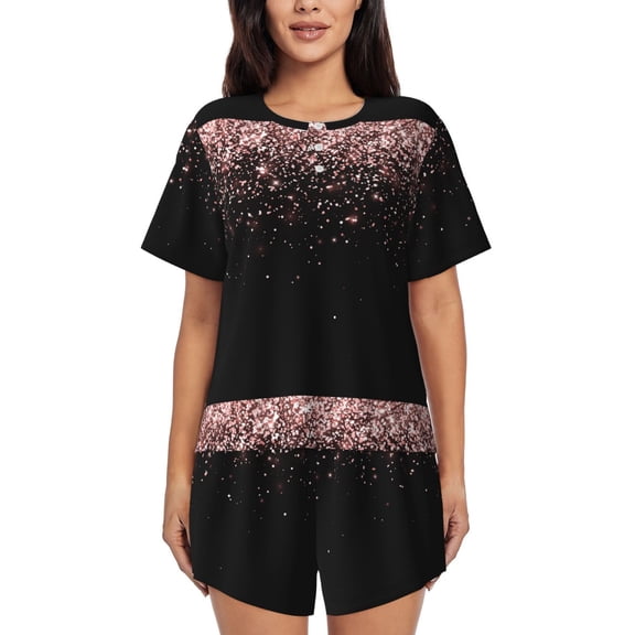 Gukieu Rose Gold Glitter1 Print Women's Short-sleeved Pajama Set, Round Neck Button Top Elastic Shorts 2-piece Set, Summer Home Leisure Clothing-X-Large