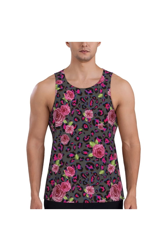 Rose Mix Leopard 2 Print Men's Quick Dry Fitness Vest, Round Neck Sleeveless Fitness Bodybuilding Top-Medium