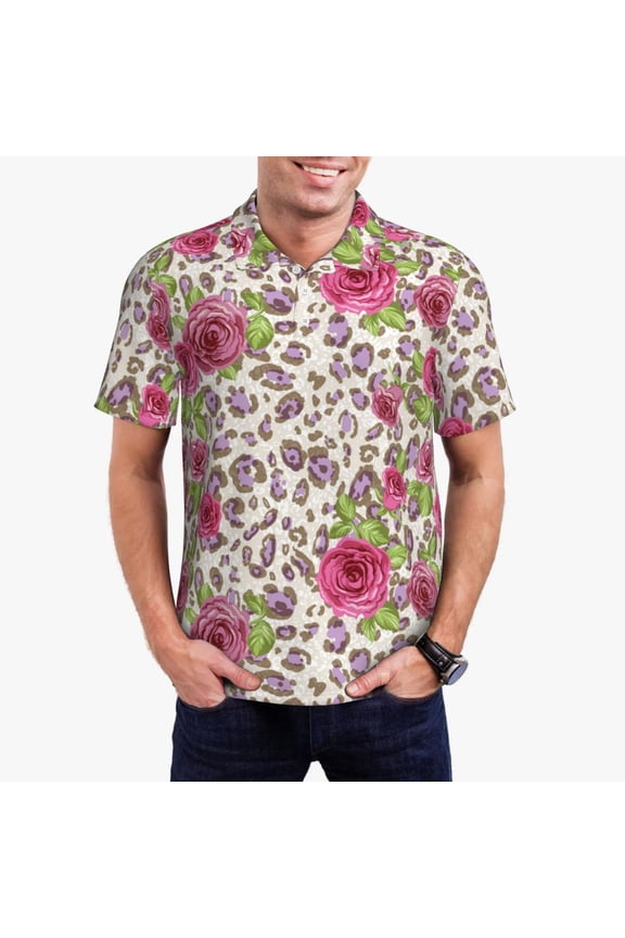 Rose Mix Leopard 4 Print Men's Quick-drying POLO Shirt, Button-down Summer T-shirt, Suitable for Work and Outdoor Activities-Small