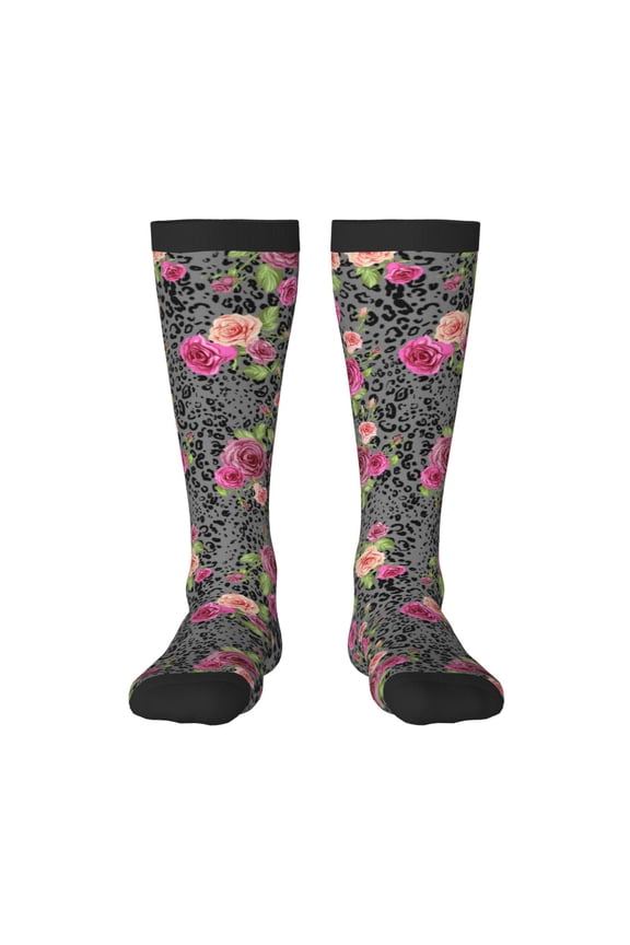 Rose Mix Leopard Print Contrast Color Stockings, Elastic Sports Socks Warm Socks Clothing Accessories, Adult Unisex