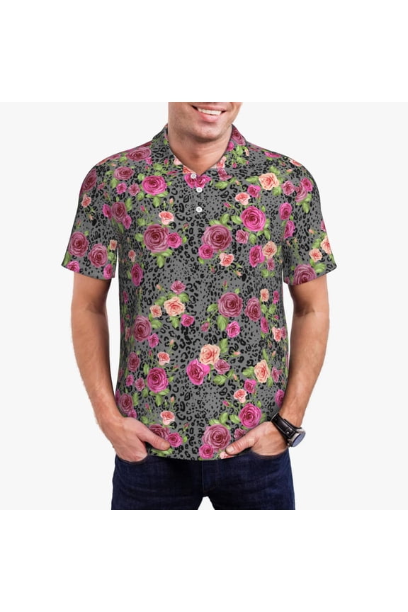 Rose Mix Leopard Print Men's Quick-drying POLO Shirt, Button-down Summer T-shirt, Suitable for Work and Outdoor Activities-Small