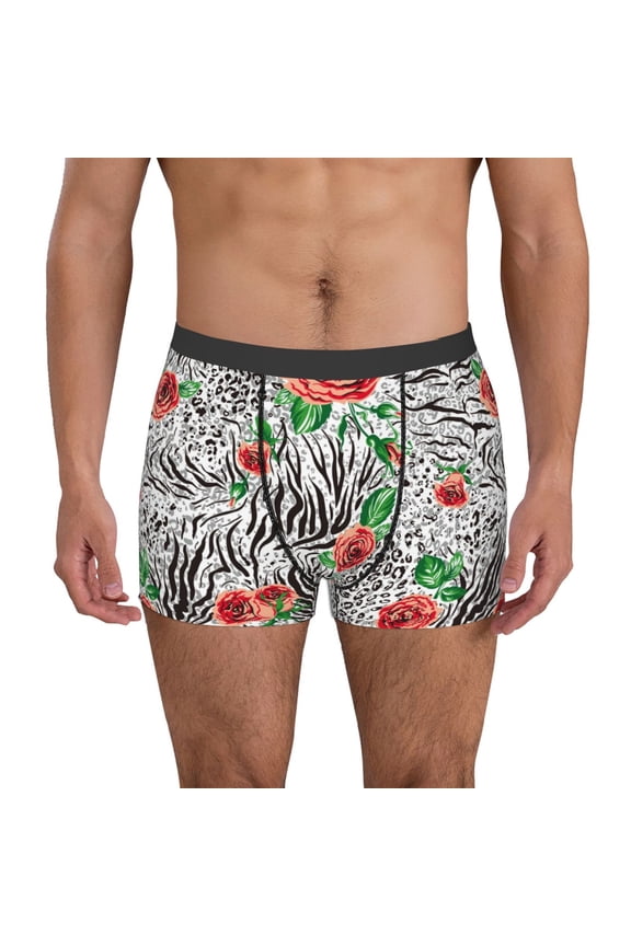 Roses Mixed Zebra 1 Print Men's Boxer Briefs, High Elastic Moisture Wicking Boxer Briefs Underwear-Medium