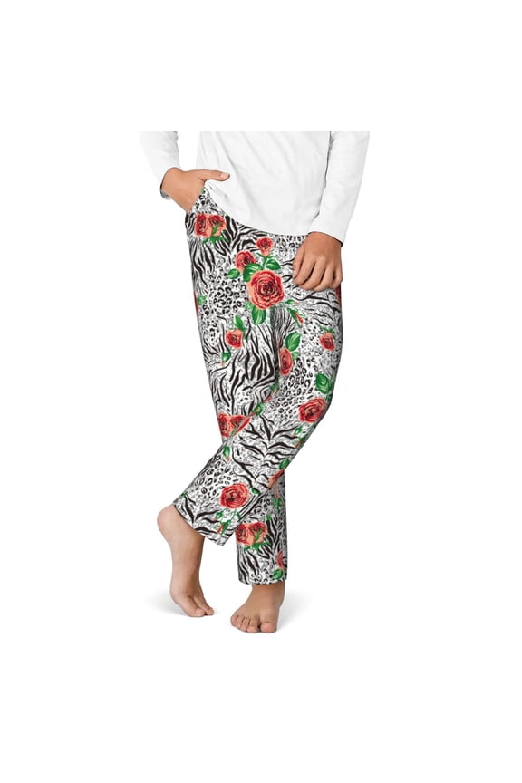Roses Mixed Zebra 1 Print Youth Home Trousers, Elastic Waistband with Pockets for Home and Outing, Suitable for Children Aged 5-16-Small