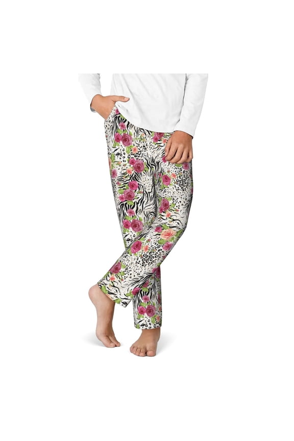Roses Mixed Zebra Print Youth Home Trousers, Elastic Waistband with Pockets for Home and Outing, Suitable for Children Aged 5-16-Medium