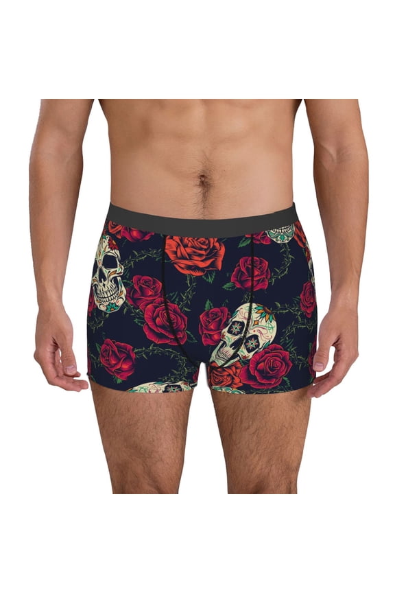 Roses Skulls Print Men's Boxer Briefs, High Elastic Moisture Wicking Boxer Briefs Underwear-Small