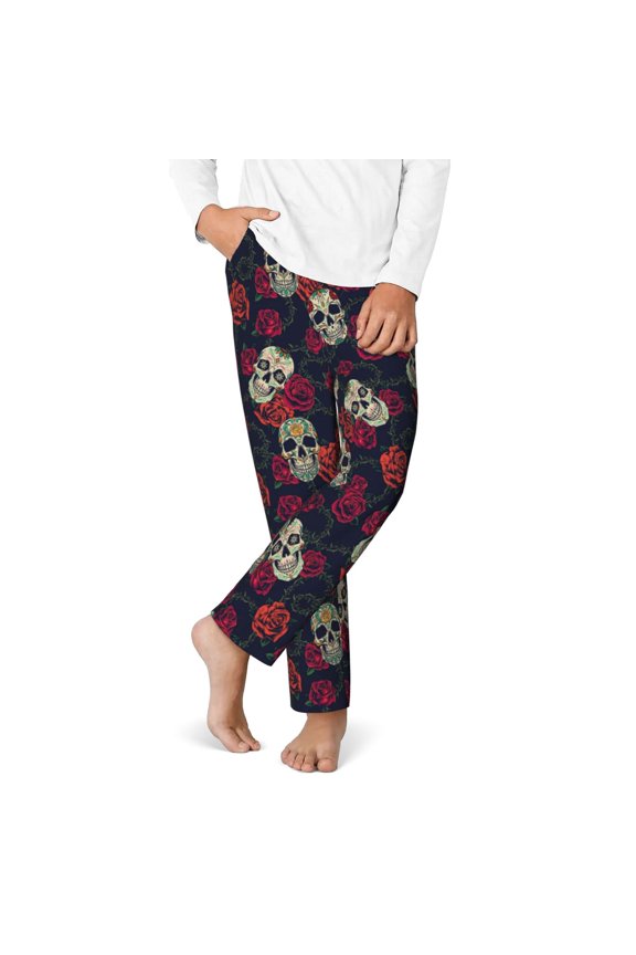 Roses Skulls Print Youth Home Trousers, Elastic Waistband with Pockets for Home and Outing, Suitable for Children Aged 5-16-XS(5-6)