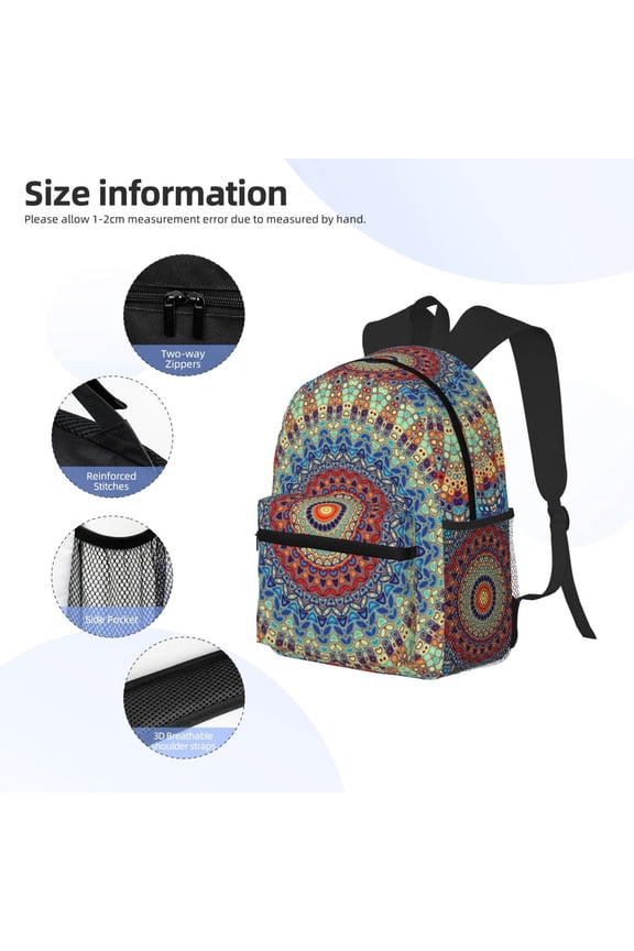 Round Mandala Print Backpack, Waterproof Backpack with Adjustable Shoulder Straps, Suitable for Campus, Business, Travel, Unisex