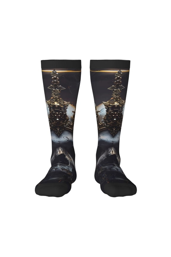 Royal Skull With Golden Crown Print Contrast Color Stockings, Elastic Sports Socks Warm Socks Clothing Accessories, Adult Unisex