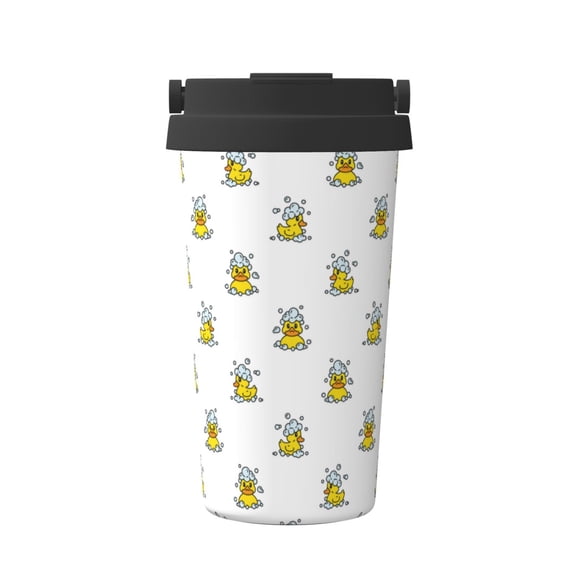 Gukieu Rubber Duck Showe Print Insulated Coffee Cup, Portable Stainless Steel Vacuum Cup with Lid, Unisex, Suitable for Office, Cafe, Car