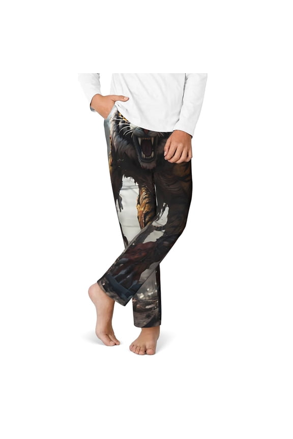 Ruins Tiger Warrior Print Youth Home Trousers, Elastic Waistband with Pockets for Home and Outing, Suitable for Children Aged 5-16-Medium