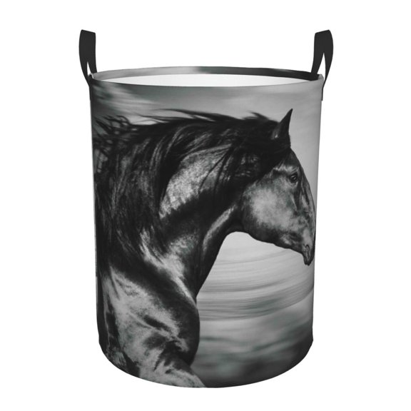 Gukieu Running Horse Print Round Dirty Clothes Bag, Waterproof Standing Home Bathroom Storage Basket Car Trunk Storage Bag-Small