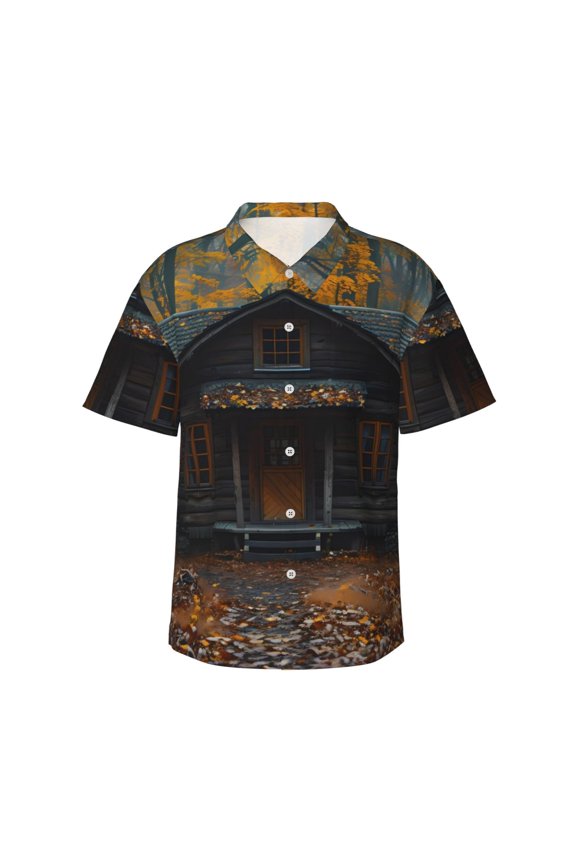 Rustic Cabin Autumn Forest Print Men's Short-sleeved Shirts, Button-down Lapel Hawaiian Shirts, T-shirts, Beach Vacation Summer Casual Wear,