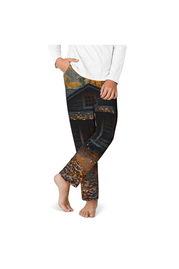 Rustic Cabin Autumn Forest Print Youth Home Trousers, Elastic Waistband with Pockets for Home and Outing, Suitable for Children Aged 5-16-Large