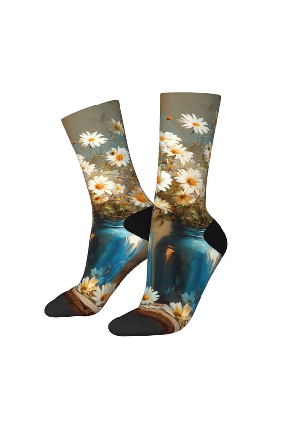 Rustic Daisy Mason Jars Print Contrast Color Mid-calf Socks, Sweat-wicking Athletic Socks, Unisex Clothing Accessories