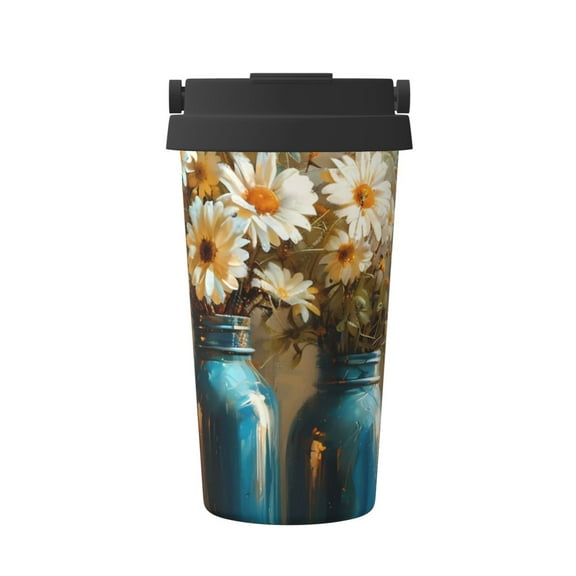 Gukieu Rustic Daisy Mason Jars Print Insulated Coffee Cup, Portable Stainless Steel Vacuum Cup with Lid, Unisex, Suitable for Office, Cafe, Car