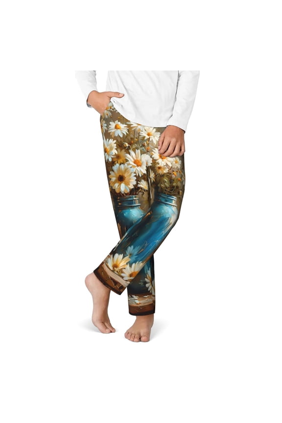 Rustic Daisy Mason Jars Print Youth Home Trousers, Elastic Waistband with Pockets for Home and Outing, Suitable for Children Aged 5-16-Medium