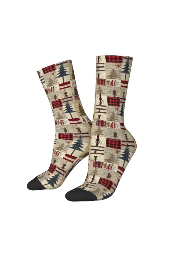 Rustic Plaid Forest Lodge Print Contrast Color Mid-calf Socks, Sweat-wicking Athletic Socks, Unisex Clothing Accessories
