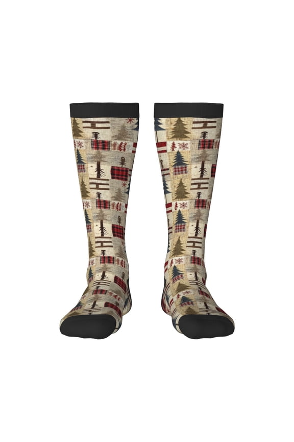 Rustic Plaid Forest Lodge Print Contrast Color Stockings, Elastic Sports Socks Warm Socks Clothing Accessories, Adult Unisex