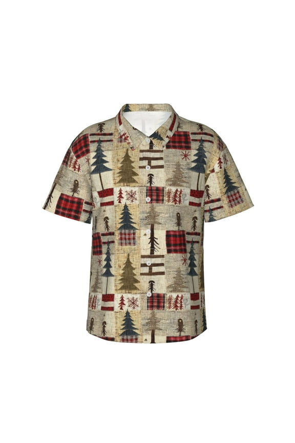Rustic Plaid Forest Lodge Print Men's Short-sleeved Shirts, Button-down Lapel Hawaiian Shirts, T-shirts, Beach Vacation Summer Casual Wear,Small