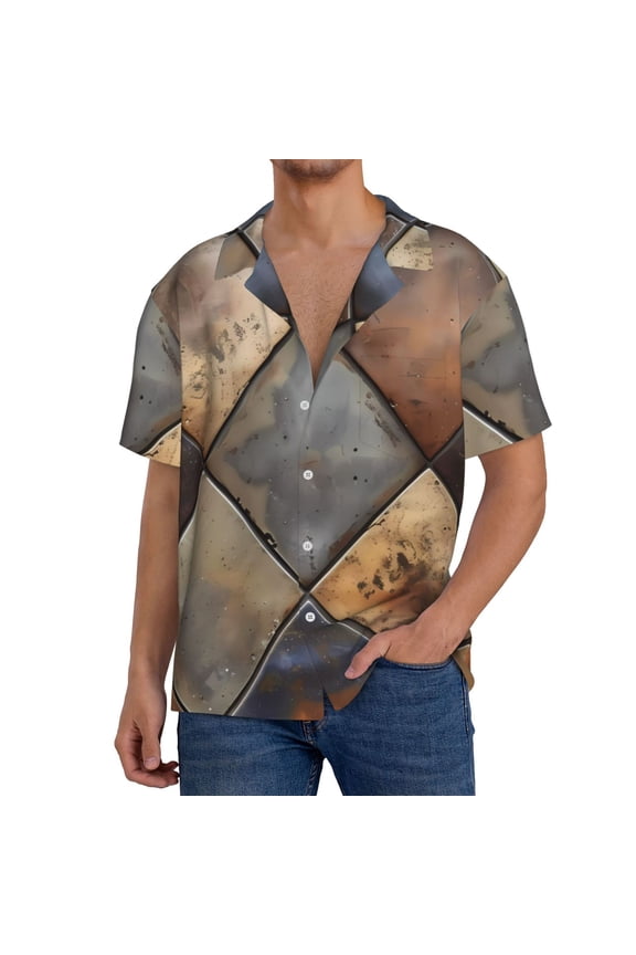 Rustic Tile Pattern Print Men's Short-sleeved Shirts, Button-down Pocket Shirts, T-shirts, Beach Vacation Travel Summer Clothing-Small