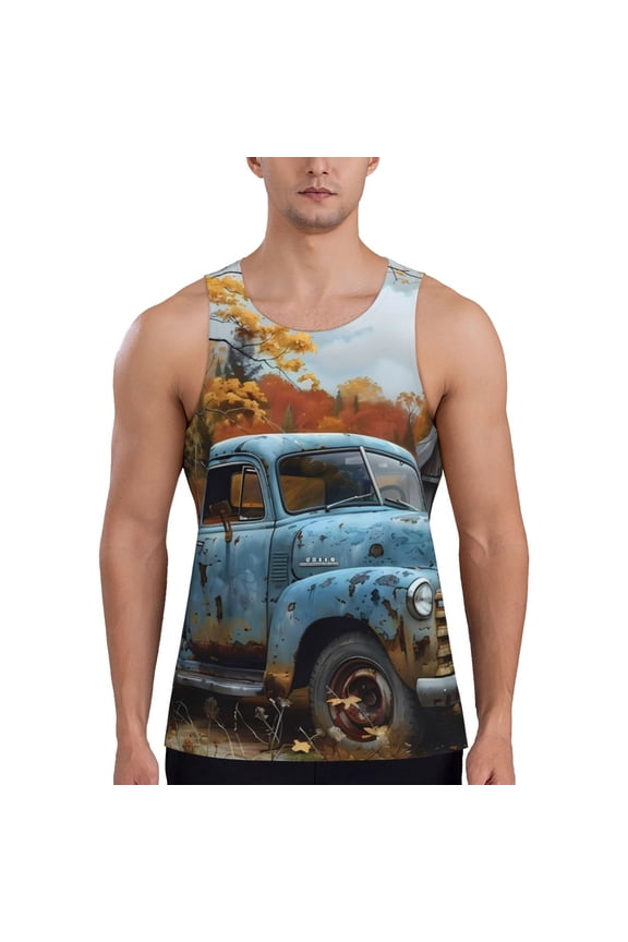 Rustic Vintage Truck Autumn Print Men's Quick Dry Fitness Vest, Round Neck Sleeveless Fitness Bodybuilding Top-