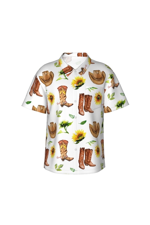 Rustic Western Charm Print Men's Short-sleeved Shirts, Button-down Lapel Hawaiian Shirts, T-shirts, Beach Vacation Summer Casual Wear,Small