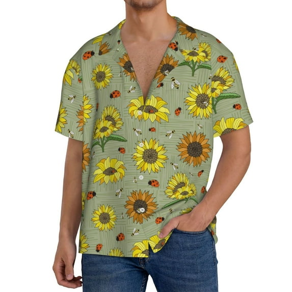 Gukieu Sage Green With Sunflowers Print Men's Short-sleeved Shirts, Button-down Pocket Shirts, T-shirts, Beach Vacation Travel Summer Clothing-Medium