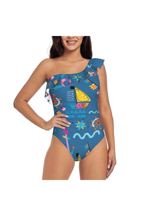 Sailboat With Sailing Print One-shoulder Ruffled One-piece Swimsuit with Removable Chest Pads and Tummy-control Swimsuit for Women-X-Large