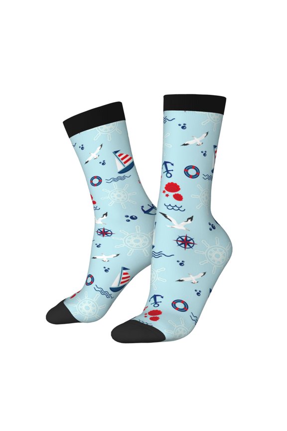 Sailboats Anchors Print Contrast Color Mid-calf Socks, Sweat-wicking Athletic Socks, Unisex Clothing Accessories