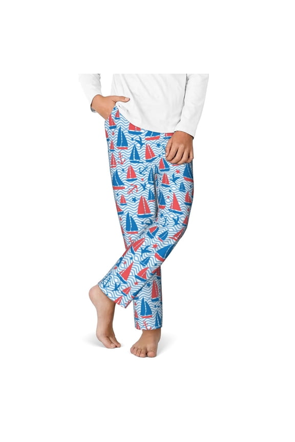 Sailboats On A Waves Print Youth Home Trousers, Elastic Waistband with Pockets for Home and Outing, Suitable for Children Aged 5-16-Small