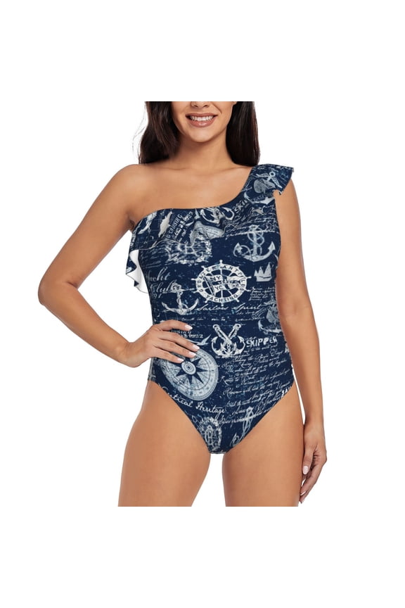 Sailing Cruises Nautical Print One-shoulder Ruffled One-piece Swimsuit with Removable Chest Pads and Tummy-control Swimsuit for Women-Large