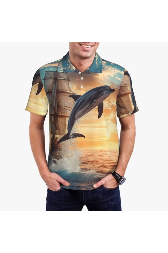 Sailing Dancing Dolphin Print Men's Quick-drying POLO Shirt, Button-down Summer T-shirt, Suitable for Work and Outdoor Activities-Small