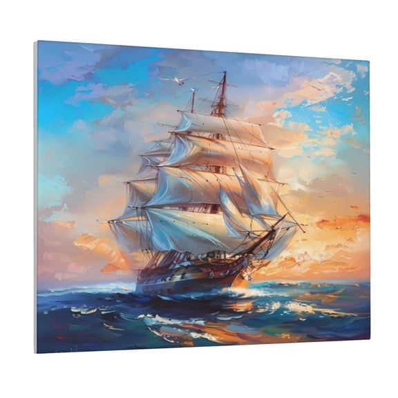 Gukieu Sailing Ship Ocean Sunset Print Canvas Decorative Hanging Painting, Waterproof Art Wall Decoration with Frame, Suitable for Living Room, Bedroom
