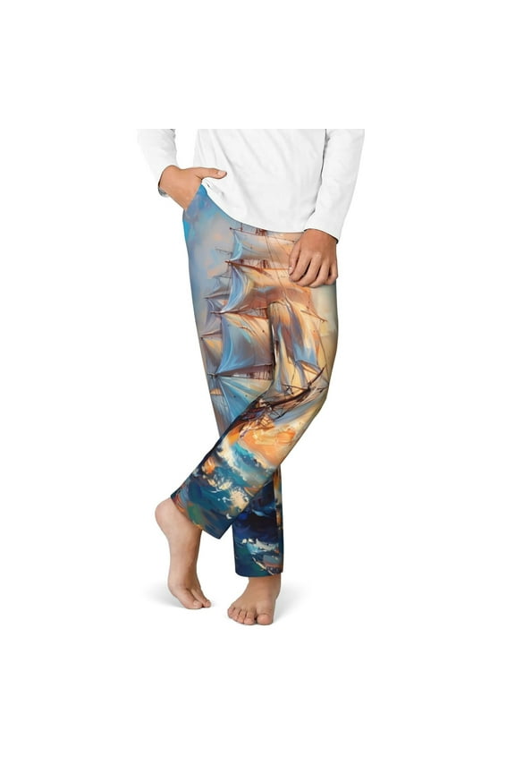 Sailing Ship Ocean Sunset Print Youth Home Trousers, Elastic Waistband with Pockets for Home and Outing, Suitable for Children Aged 5-16-Small